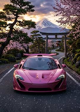 Pink McLaren P1 at Mount Fuji poster
