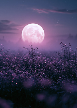 Pink Moon Over Floral Field