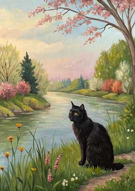 Black Cat by a Spring River