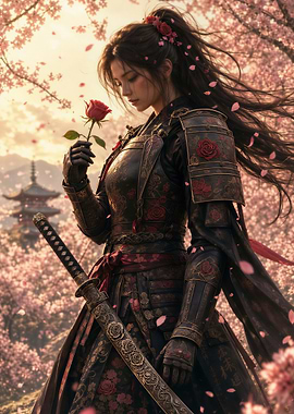 Samurai Woman with Rose and Cherry Blossoms