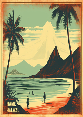 Vintage Hawaiian Beach Scene