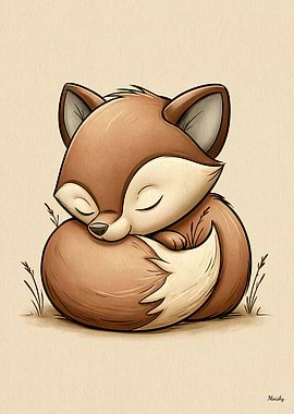 Sleeping Baby Fox Scandinavian Nursery Animal Illustration