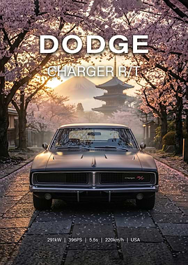 matte black Dodge Charger R/T in Japan Mount Fuji