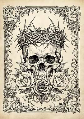 Skull with Crown of Thorns and Roses