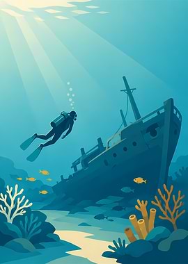 Scuba Diver Explores Shipwreck