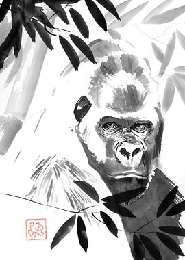 Gorilla Portrait with Bamboo