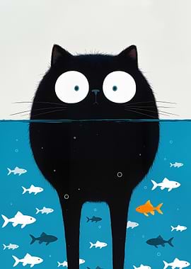 Surprised Cat in Water with Fish