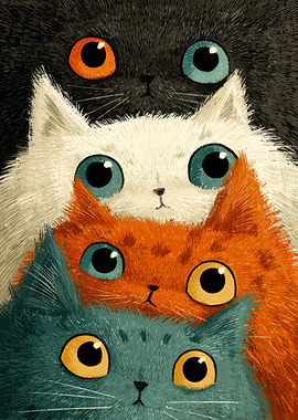 Stack of Cute Cats with Big Eyes