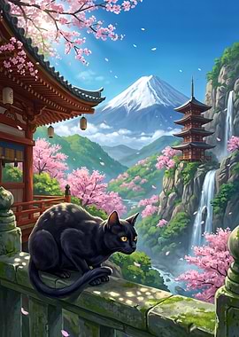 Black Cat Enjoying the Japanese Landscape with Mount Fuji