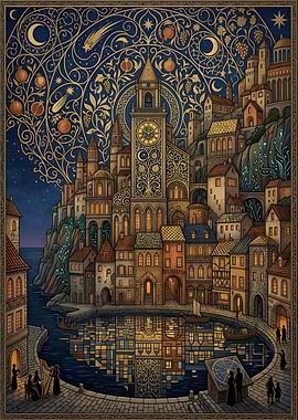 Enchanted Cityscape with Celestial Motifs