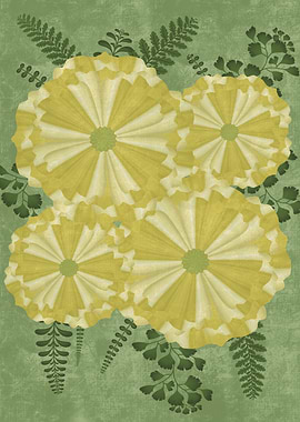 Yellow Flowers and Ferns on Green Background