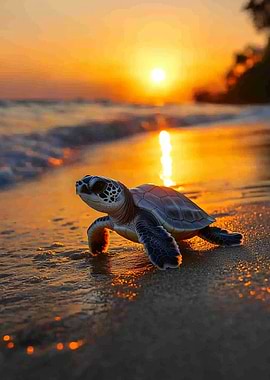 Baby sea turtle at sunset