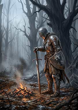 Knight stands by a campfire in a dark forest