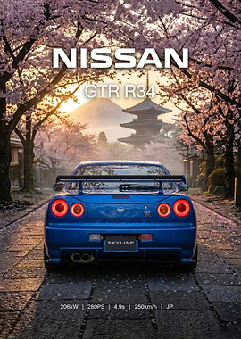 blue Nissan GTR R34 with Mount Fuji poster
