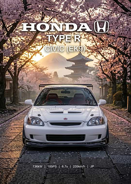 white Honda Civic EK9 Type R Mount Fuji Poster