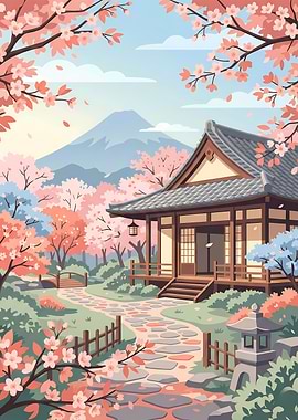 Japanese Temple Cherry Blossom Spring
