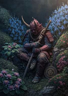 Oni Samurai in a Floral Garden