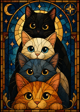 Stained Glass Cats with Celestial Background
