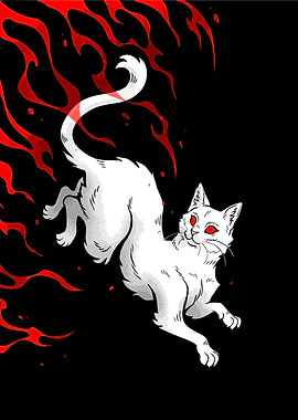 White Cat with Red Eyes and Flames
