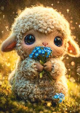 Fluffy Lamb Holding Blue Flowers