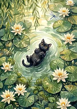 Black Cat Floating Among Water Lilies