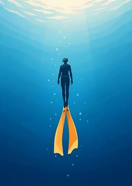 Freediver With Orange Long Fins Ascending Towards Light