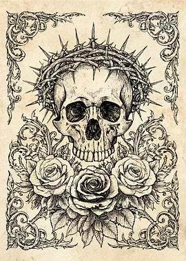Skull with Crown of Thorns and Roses