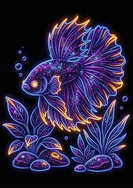 Neon Betta Fish with Galaxy Effect