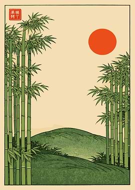 Japanese Bamboo Poster, Zen Woodblock Style Wall Art, Red Sun Nature Print