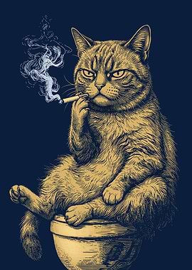 Smoking Cat Bathroom Poster — Funny Retro Woodcut Toilet Wall Art