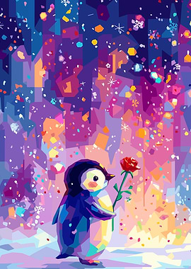 Penguin Holding a Rose in a Snowy Landscape