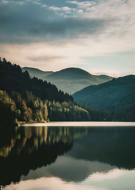 Misty Mountains Reflected in a Serene Lake