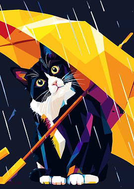 Tuxedo Cat Under Yellow Umbrella in Rain
