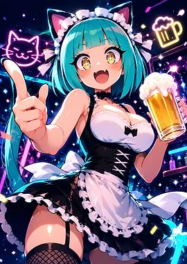 Anime Cat Maid with Beer