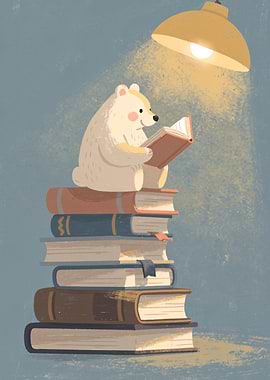 Bear reading a book under a lamp