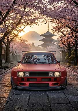 Red Sports mk Car Under Cherry Blossoms in Japan