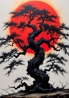 Bonsai Tree Against Red Sun
