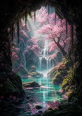 Enchanted Cherry Blossom Waterfall Cave