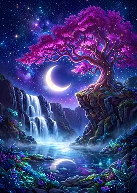 Night Waterfall Majestic Landscape