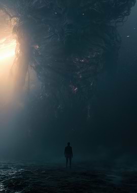 Giant Cosmic Entity and Lone Figure