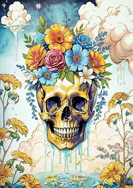 Skull adorned with vibrant flowers