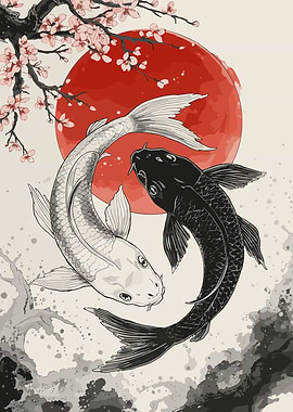 Yin Yang Koi Fish and Cherry Blossoms
