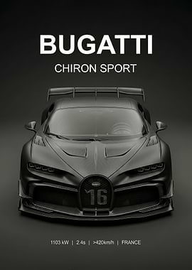 matte black Bugatti Chiron Sport car poster