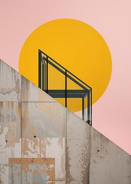 Geometric Architecture with Yellow Circle - Architectural Duality Concept