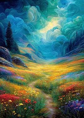 Enchanting Meadow Path Under Dramatic Skies