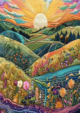 Embroidered Sunrise Landscape with Wildflowers