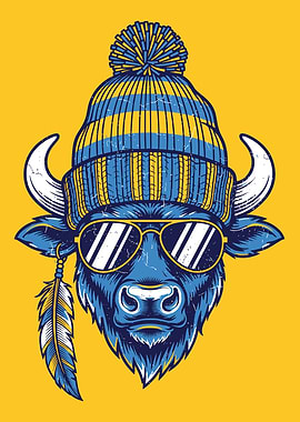 Cool Buffalo Wearing Beanie and Sunglasses