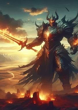 Fiery Warrior in a Desolate Landscape