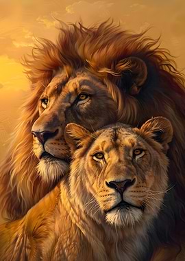 Majestic Lion Couple at Sunset