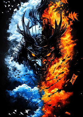 Samurai Mask with Fire and Ice